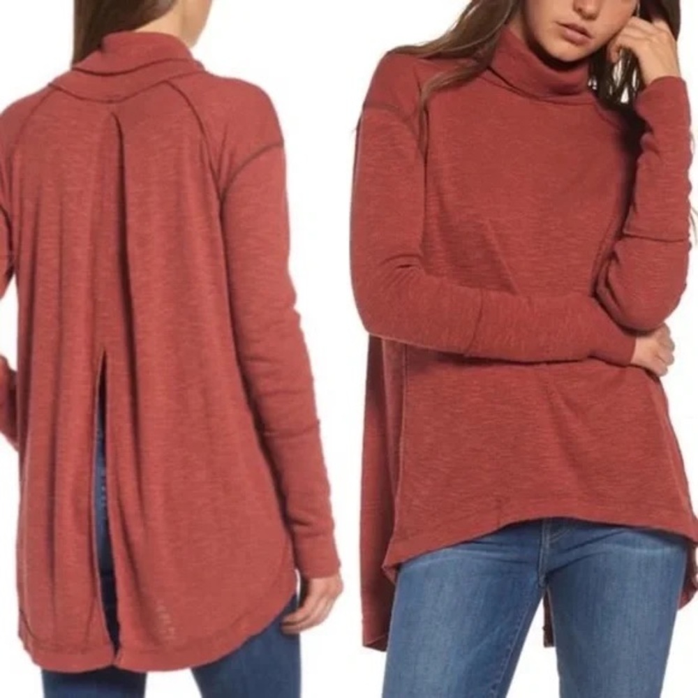 Free People Turtleneck Split-Back Tunic Sweater - Rust